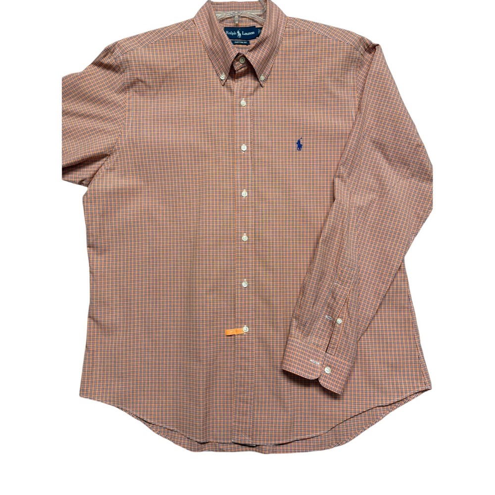 Ralph Lauren Mens XL Custom Fit Button Down Shirt Orange Navy Blue Micro Check